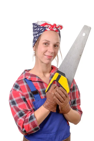 Vintage pretty young woman with a saw — Stock Photo, Image