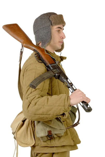 Unga sovjetisk soldat med kulspruta ppsh-41 — Stockfoto