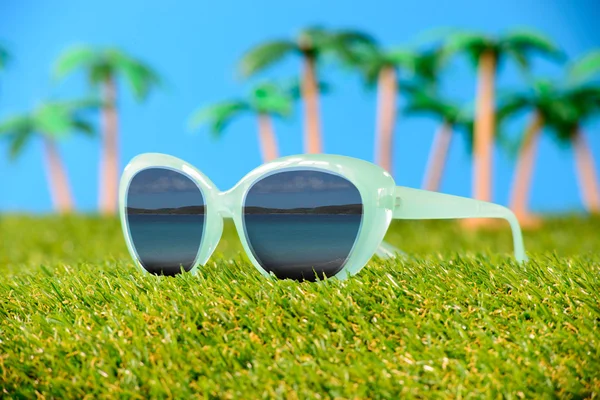 Zonnebril op gras met palmbomen — Stockfoto