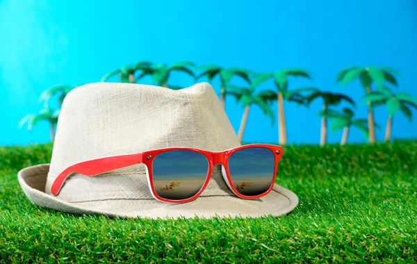 草にサングラスと帽子 — ストック写真