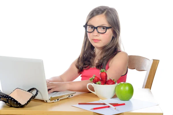 做她的作业，在她的电脑上的小女孩 — 图库照片