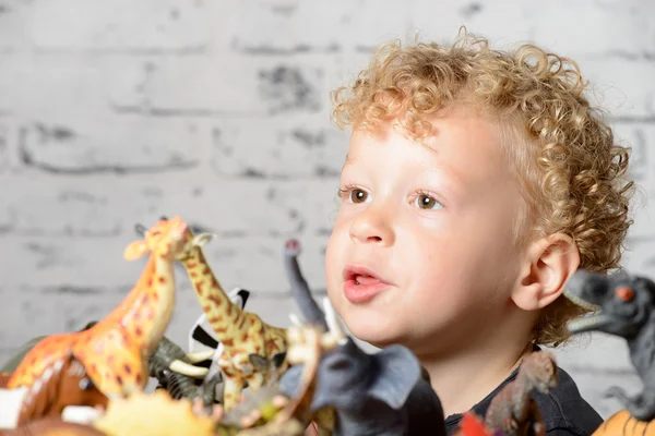 Un niño pequeño juega con juguetes animales — Foto de Stock