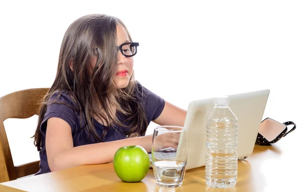 Маленькая девочка делает домашнюю работу на компьютере — стоковое фото