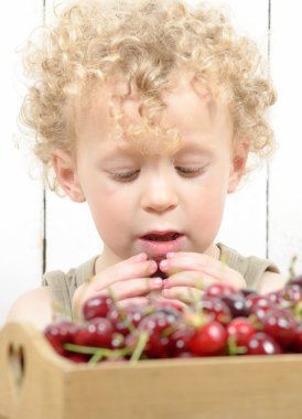 kiraz yemek küçük sarışın bir çocuk