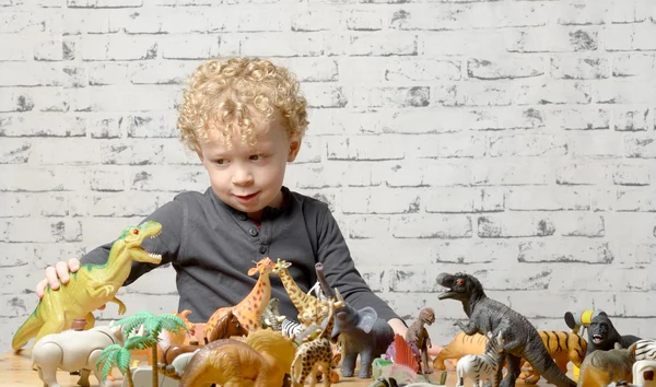 Un niño pequeño juega con juguetes animales — Foto de Stock