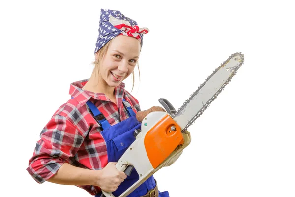 A pretty young worker with chainsaw — Stock Photo, Image