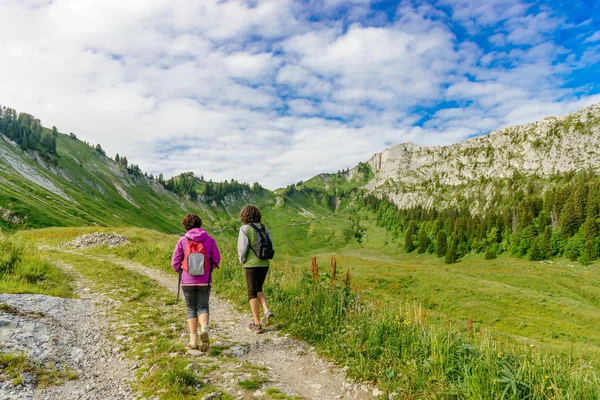 Två vandrare kvinnor promenader i bergen — Stockfoto