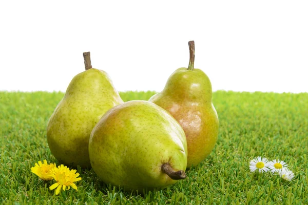 Tre pere su erba con piccoli fiori — Foto Stock