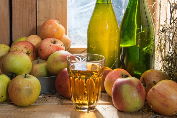 Botol dan gelas sari buah apel — Stok Foto