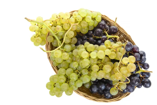 Cesta de uvas blancas y negras sobre fondo blanco — Foto de Stock
