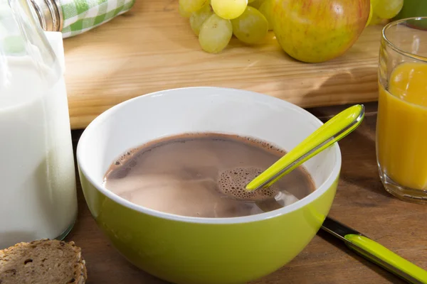 Breakfast with a bowl of hot chocolate — Stock Photo, Image