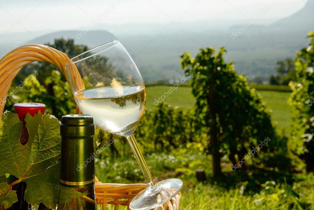 Basket with bottles and glass of wine