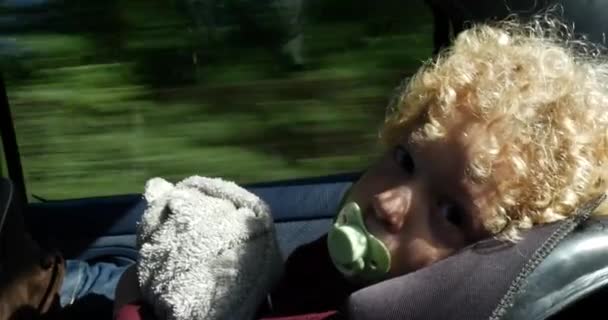 Närbild på en liten pojke med en napp i munnen — Stockvideo