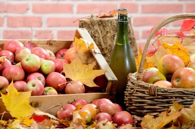 Normandiya elma suyu, bir şişe ile birçok elma