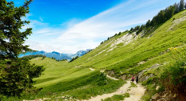 在山的美丽景观。在路上的两个徒步旅行 — 图库照片