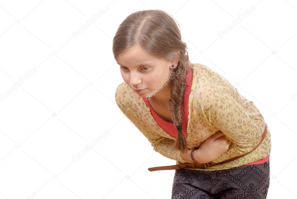 young girl with belly ache isolated on white background