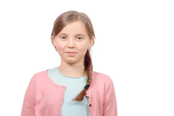 Chica rubia sonriente con trenza. Chica de nueve años —  Fotos de Stock