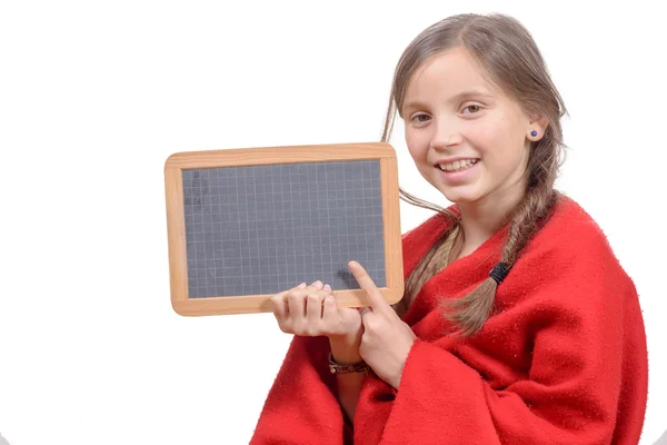 Lycklig skolflicka med en traditionell skiffer i hans händer — Stockfoto