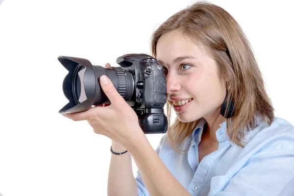 Fiatal nő, egy kamera. ifjúsági életstílus — Stock Fotó