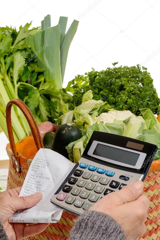 basket of vegetables with a calculator