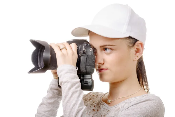 Genç fotoğrafçı kadın beyaz kapaklı — Stok fotoğraf