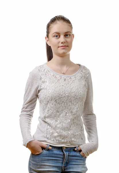 Pretty young woman standing on white background — Stock Photo, Image
