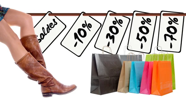 Sacos de compras, pernas de mulher e vendas — Fotografia de Stock