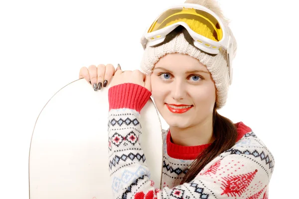 Beautiful woman with a snowboard in studio — Stock Photo, Image