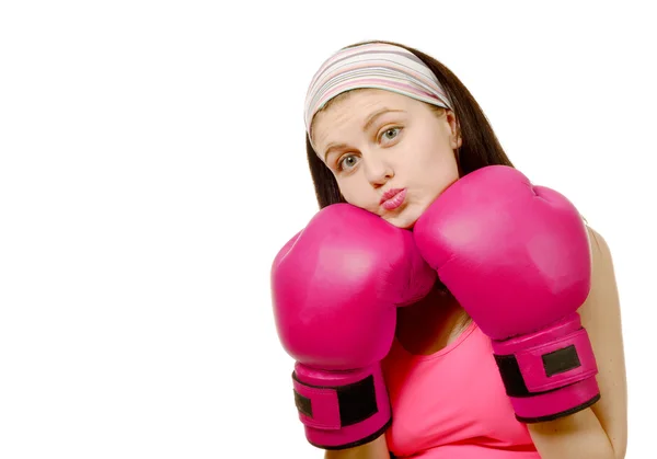 Fitness woman with the pink boxing gloves — Stock Photo, Image