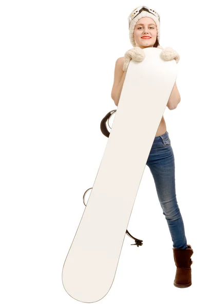 Mooie vrouw met een snowboard in studio — Stockfoto