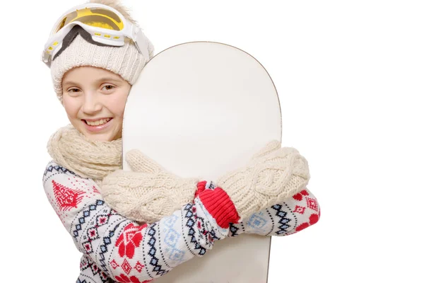 Pretty young girl with a snowboard in studio — Stock Photo, Image
