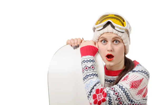 Mooie vrouw met een snowboard in studio — Stockfoto