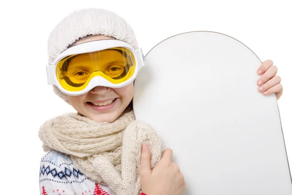 Menina bonita com um snowboard no estúdio — Fotografia de Stock