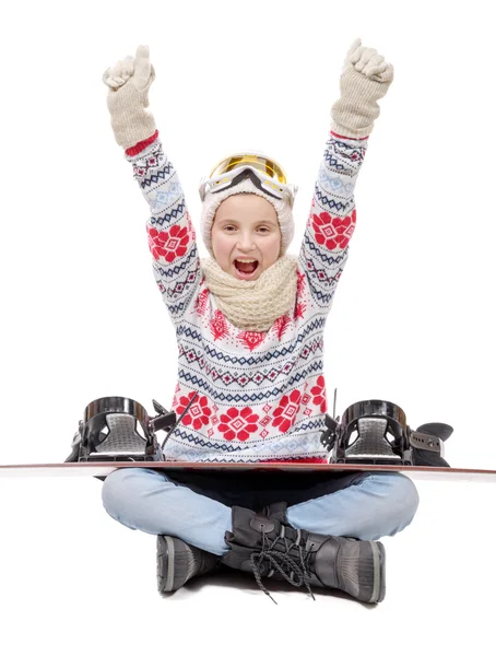 Lycklig tonåring sitter armar i luften, till vintersportarna — Stockfoto