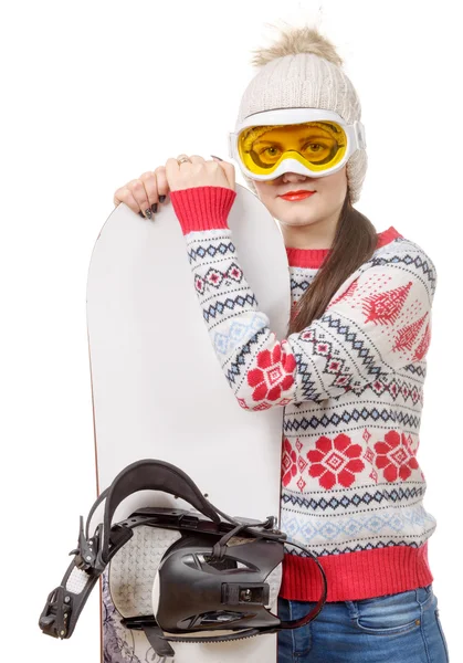 Beautiful woman with a snowboard in studio — Stock Photo, Image