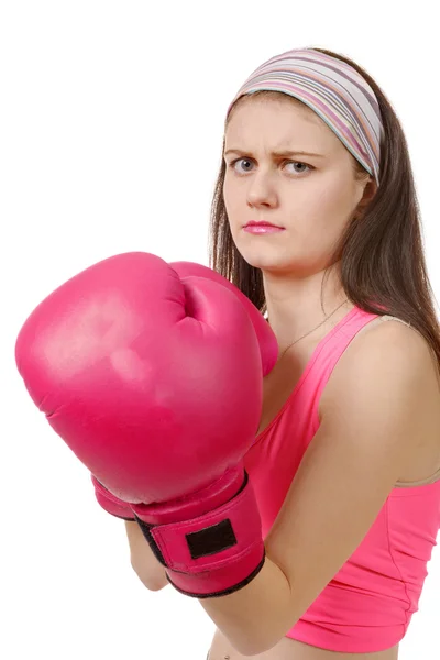 Fitness vrouw met de roze bokshandschoenen — Stockfoto