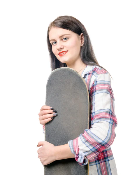 Sorrindo skatista menina segurando skate no branco — Fotografia de Stock