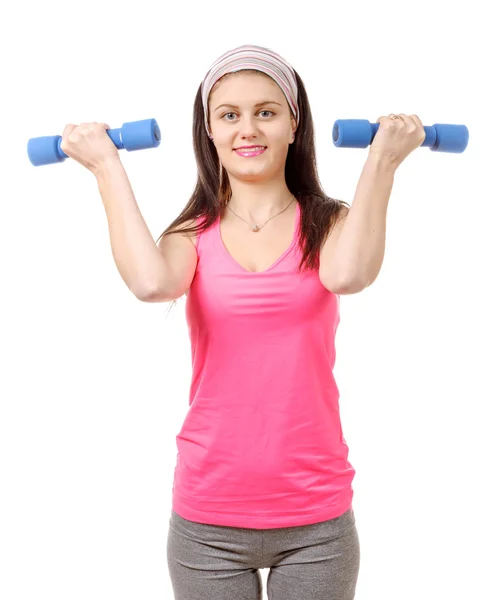 Pretty teenager with weights isolated on a white background — Stock Photo, Image