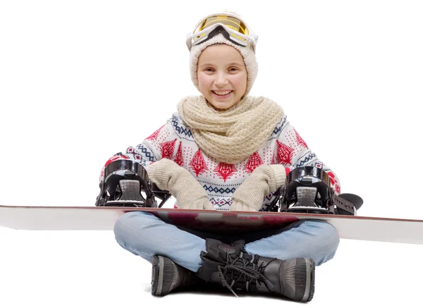 Счастливая девушка со сноубордом, на белом — стоковое фото