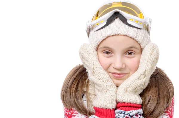 Gelukkig jong meisje snowboarden op witte achtergrond — Stockfoto