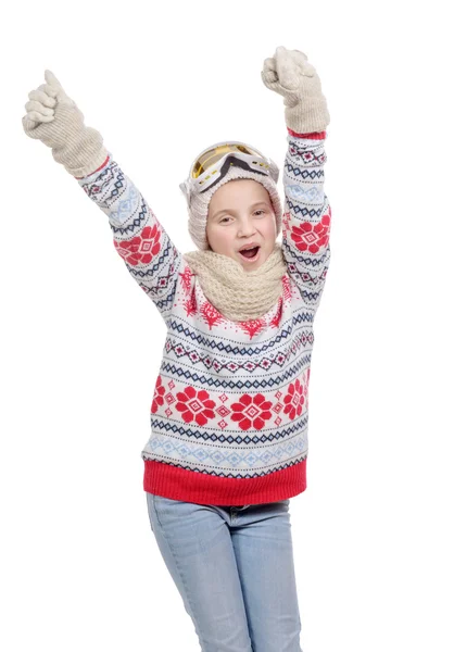 Glückliches junges Mädchen beim Snowboarden, isoliert auf weißem Hintergrund — Stockfoto