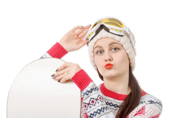 Mooie vrouw met een snowboard in studio — Stockfoto