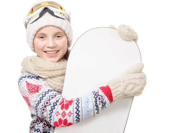 Krásná mladá dívka s snowboard ve studiu — Stock fotografie