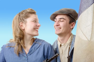 young worker couples in vintage clothing, 40s clipart