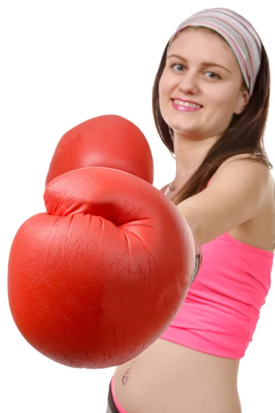 Fitness woman with the red boxing gloves — Stock Photo, Image