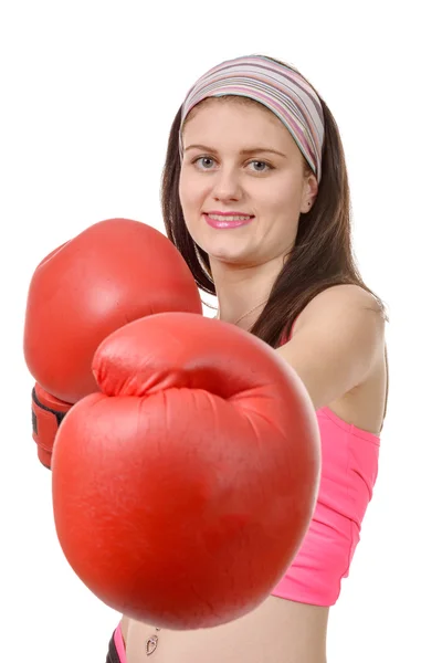 Fitness vrouw met de rode bokshandschoenen — Stockfoto