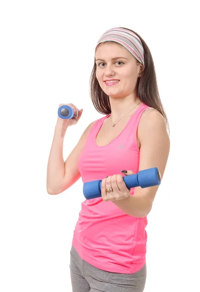 Portrait of pretty sporty girl holding weights — Stock Photo, Image