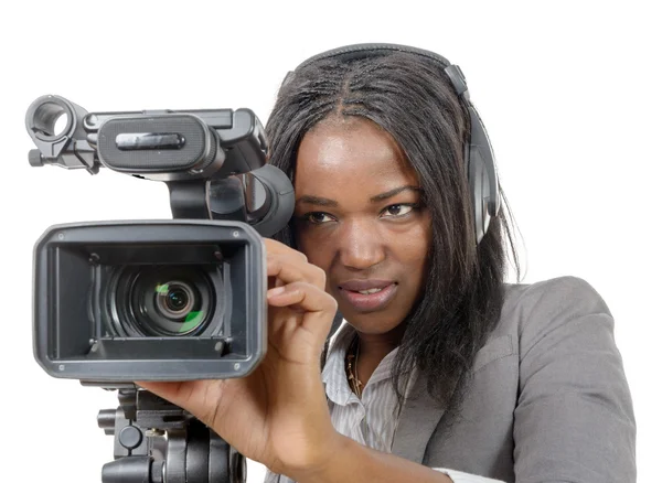 Jeunes femmes afro-américaines avec caméra vidéo professionnelle et — Photo