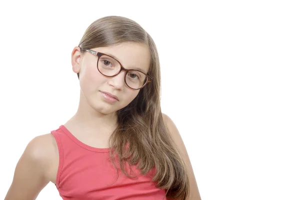 Beautiful little girl with glasses isolated on white background — Stock Photo, Image