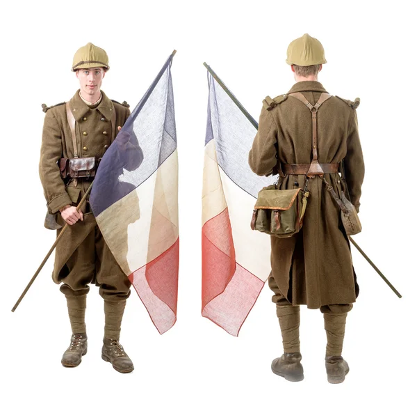 40s french soldier with a flag, back and front view, isolated on — Stock Photo, Image